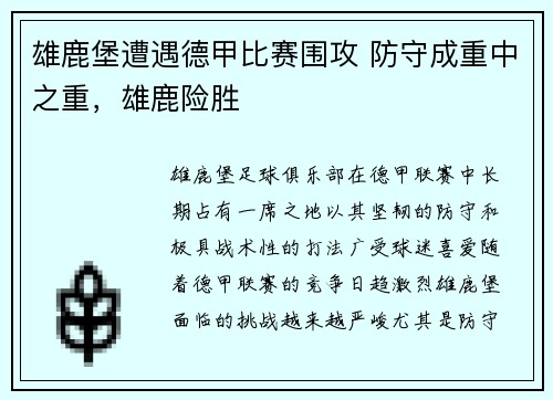 雄鹿堡遭遇德甲比赛围攻 防守成重中之重，雄鹿险胜